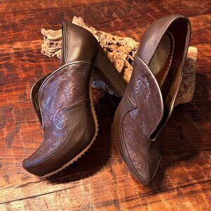 Siga Brown Bohemian Leather Heels With Embossed Pattern Size 37 Made In Colombia